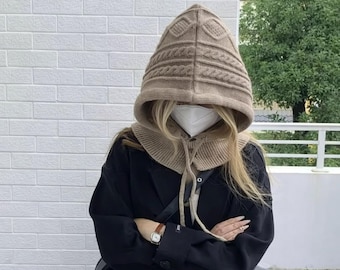 Korean Knit Balaclava Hat 100% Wool for Women – Warm Cotton Hooded Scarf, Winter Bonnet with Neck Gaiter