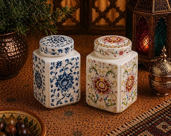 Bote de cerámica para té con tapa – Tarro de almacenamiento estilo marroquí, recipiente hermético para especias y té, decoración de cocina bohemia, organizador de despensa
