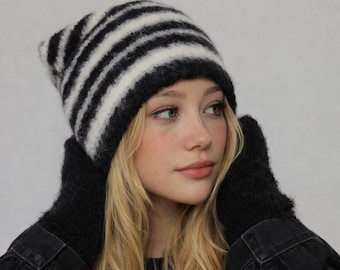 Striped Knit Beanie Hat Unisex – Warm Winter Skull Cap, Handmade Cotton Beanie, Soft Plush Lined Hat for Men and Women, Cold Weather Hat