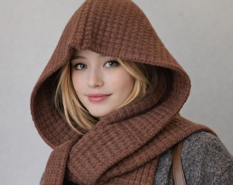 Knit Hooded Scarf Balaclava 100% Wool Set For Women – Korean Style Winter Hood Scarf Hat, Warm Cozy Two Piece Cape