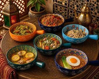 Moroccan Ceramic Bowls Set of 6 with Handle, Large Pasta & Salad Bowls, Boho Kitchen Tableware, Colorful Serving Bowls, Microwave Safe