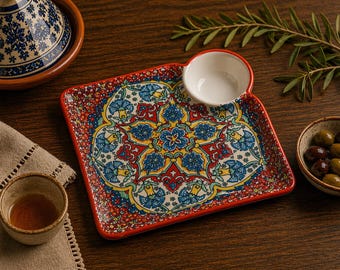 Plato marroquí para servir con cuenco para salsas, plato de cerámica para aperitivos, plato para tapas estilo bohemio, plato para desayuno, plato para aceitunas y salsas, vajilla mediterránea