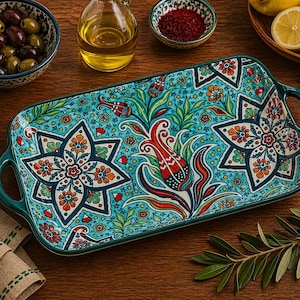 Moroccan Ceramic Serving Dish with Handles, Boho Rectangular Platter, Fish Serving Plate, Oven Safe Tableware, Mediterranean Decor