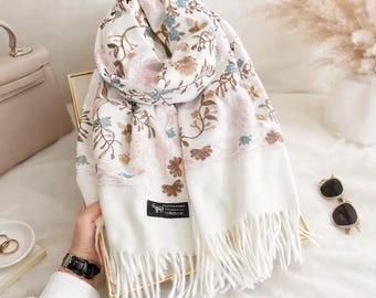 Warm Cashmere Scarf for Women – Embroidered Pashmina Shawl, Thick Winter Wrap, Luxury Fashion Scarf