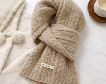 100% Alpaca Wool Knitted Scarf for Women – Cozy Winter Cable Scarf, Soft Neck Warmer, Minimal Korean Style, 2026 Trend