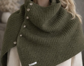 Korean Style 100% Wool Knit Scarf with Buttons – High Neck Cape Shawl for Women – Warm Winter Neck Warmer