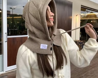 100% Cotton Knit Balaclava Scarf for Women – Hooded Scarf with Drawstring, Korean Style Winter Hat, Neck Protection