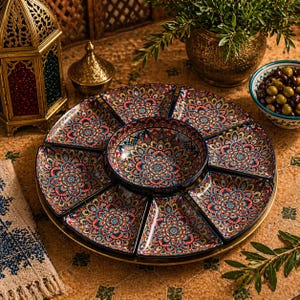 Bohemian Ceramic Dinnerware Set – Moroccan Style Serving Platter Set, Colorful Mandala Plates, Decorative Tableware for Hosting & Home Decor