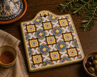 Moroccan Ceramic Trivet, Heat Resistant Pot Holder, Boho Kitchen Decor, Anti-Slip Cork Base Coaster, Moroccan Tile Table Protector