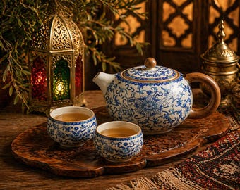 Moroccan Style Ceramic Teapot Set with Cups – Blue Floral Tea Set, Boho Kitchen Decor, Traditional Serving Set