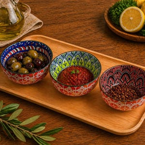 Puede incluir: Una bandeja de madera con tres cuencos decorativos pequeños. Un cuenco contiene aceitunas, otro un dip rojo y el tercero una mezcla de especias. Los cuencos tienen diseños coloridos y están colocados en una bandeja de madera.