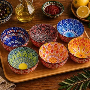 Puede incluir: Una bandeja de madera con seis cuencos de cerámica decorativos con intrincados diseños florales y geométricos en varios colores. Se ven un cuenco de aceitunas y un cuenco de especias, junto con una botella de aceite de vidrio.