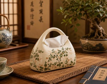 Boîte à mouchoirs en céramique japonaise craquelée, porte-mouchoirs floral vintage, organisateur de table basse de décoration asiatique, décoration d'intérieur faite main