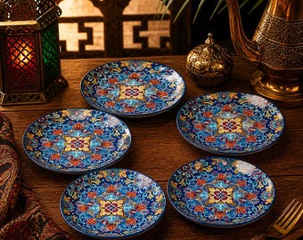 Marokkaanse keramische borden set van 5, kleurrijke boho borden, decoratieve serveerborden, salade- en voorgerecht, keukendecor servies