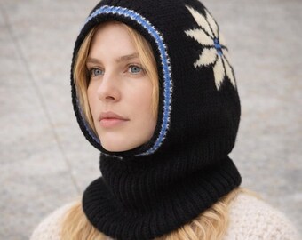 Knitted Wool Balaclava – Snowflake Hooded Scarf, Winter Neck Warmer