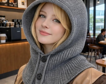 Women Winter Knitted Balaclava Hat 100% Cotton– Solid Color Hood Scarf, Warm Cashmere-Feel Neck Warmer, Cozy Outdoor Hood Cap