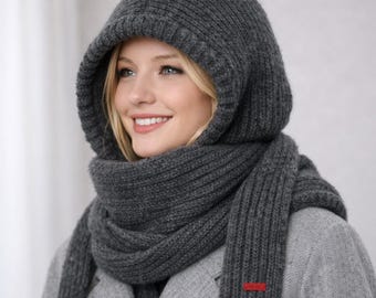 Warm 100% Wool Blend Balaclava Hat for Women, Knitted Hood Scarf, Winter Neck Warmer, Elegant One Piece Shawl Cap