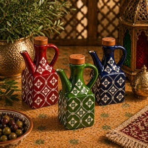 Moroccan Oil Dispenser 250ml Ceramic Bottle, Blue Olive Oil Cruet, Vinegar Bottle, Kitchen Decor, Mediterranean Tableware