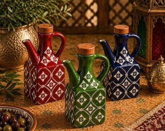 Moroccan Oil Dispenser 250ml Ceramic Bottle, Blue Olive Oil Cruet, Vinegar Bottle, Kitchen Decor, Mediterranean Tableware