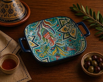 Moroccan Ceramic Serving Bowl with Handles, Boho Pasta Bowl, Oven Safe Salad Bowl, Mediterranean Tableware, Decorative Kitchen Dish