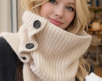 100% Wool Knitted Neck Warmer for Women, Button Scarf Cowl, Korean Style Snood, High Neck Winter Scarf, Windproof Cozy Shawl