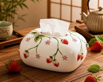 Japansk keramisk näsduksask – jordgubbsblommig design, asiatisk heminredning, servetthållare i vintagestil, soffbordsorganisatör