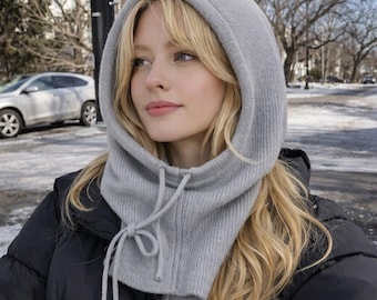Knitted Hooded Scarf Hat 100% Cotton Women Winter | Korean Style Balaclava | Warm One Piece Hood Cap with Drawstring