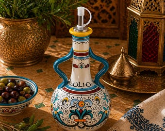 Dispensador de aceite de oliva de cerámica marroquí de 500 ml – Botella de aceite y vinagre pintada a mano, decoración de cocina vintage, aceitera mediterránea con asa