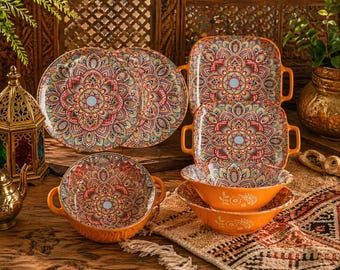 Juego de vajilla de cerámica marroquí – Juego de vajilla bohemia de 7 piezas, platos y cuencos coloridos, fuentes artesanales para servir en la cocina y el hogar.
