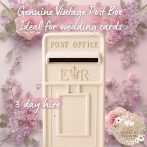 May include: Cream-colored vintage post box with the text "POST OFFICE" and "ER". The text "Genuine Vintage Post Box" and "Ideal for wedding cards" is also visible. The words "3 day hire" are also visible.
