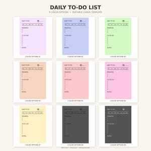 Minimalist Daily To Do List Template, Editable Canva Planner, Printable Daily Planner, 9 Color Options, Productivity Organizer