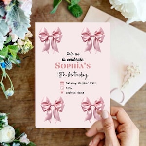 2 Birthday Templates, Soft Invitation,Pink Bow Birthday Invitation, Girl Pink Birthday Invite, Coquette Pink Bow Invitation,  Editable Canva