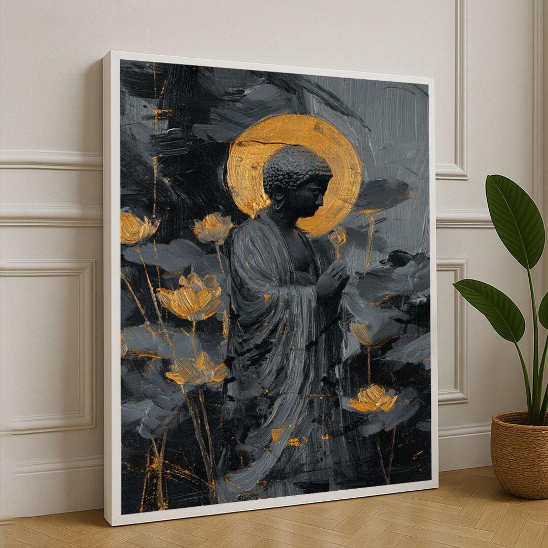 Tranquil Buddha With Lotus Canvas Wall Art Print Gold Black Bedroom ...