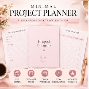 Peut inclure: Un planificateur de projet rose clair avec une couverture centrale portant le texte Project Planner, un petit cœur et un dessin floral. Il est flanqué d'une page Project Overview et d'une page Task Tracker, avec cinq icônes.