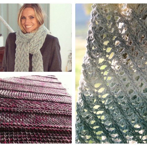 3 Tunisian Crochet Patterns - Bias Sampler Shawl, Lace Summer Scarf, Icelandic Cable Scarf