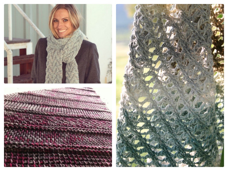 3 Tunisian Crochet Patterns Bias Sampler Shawl, Lace Summer Scarf, Icelandic Cable Scarf image 1