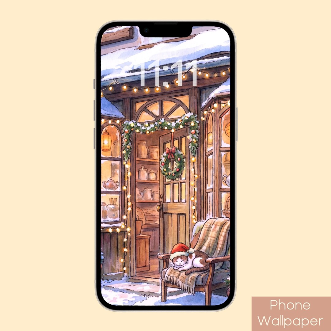 Snowy Storefront With Cat | Vertical Download | Digital Wallpaper for ...