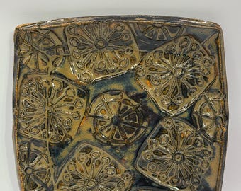 Unique, hand-built, square ceramic trinket dish with cool impressions and Tiger's Eye glaze.