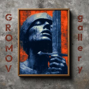 May include: A framed art print depicting a blue and orange image of a statue of a person holding a sword. The person wears a helmet and has tears. The text "GROMOV" is on the left and "gallery" on the right.
