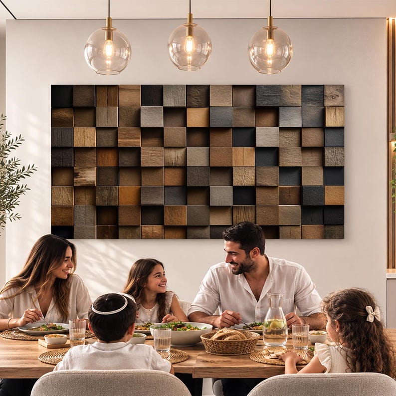 Size comparison chart placing four canvas dimensions against the outline of a sofa and a person, so the wood block artwork can be matched to a wall width before ordering.