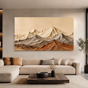 Earth Tone Mountain Wall Art, Terracotta Beige Textured Canvas Print, Boho Plaster Style Landscape for Living Room Bedroom, Home Decor
