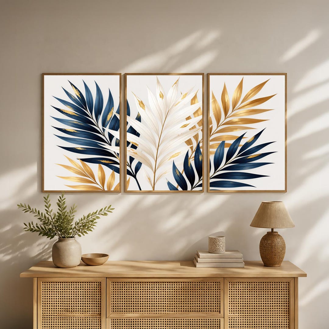 Navy Blue Gold Palm Leaf Wall Art Set of 3 Printable, Tropical ...