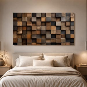 Horizontal canvas of stacked wood blocks mounted above an upholstered bed, spanning most of the headboard width, with linen bedding and two wooden nightstands below.