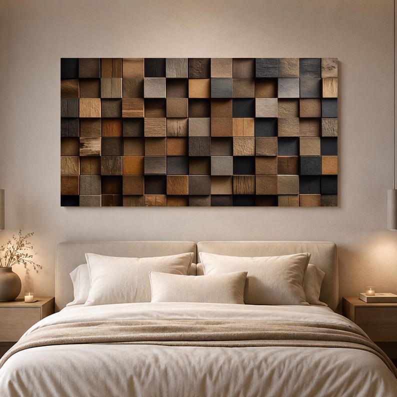 Horizontal canvas of stacked wood blocks mounted above an upholstered bed, spanning most of the headboard width, with linen bedding and two wooden nightstands below.