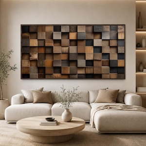 Wood texture canvas wall art: a grid of squared wooden blocks in walnut brown, honey oak, gray and charcoal, each set at a slightly different depth so light and shadow fall unevenly across the surface. Horizontal gallery-wrapped canvas.