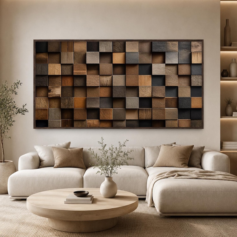 Wood texture canvas wall art: a grid of squared wooden blocks in walnut brown, honey oak, gray and charcoal, each set at a slightly different depth so light and shadow fall unevenly across the surface. Horizontal gallery-wrapped canvas.