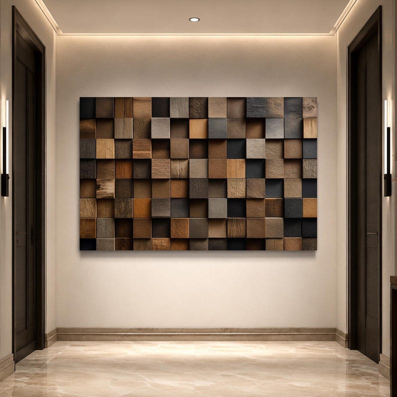 Close view of the printed canvas surface showing the matte finish and the fine grain and knots reproduced in each wooden block, with the gallery-wrapped edge turning the corner.