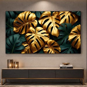 Green and Gold Monstera Wall Art | Tropical Botanical Printable | Luxury Leaf Digital Download | Large Format Instant Print