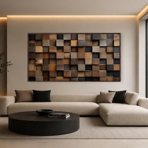 The same wood block artwork shown as a framed canvas with a slim dark border, set next to the unframed gallery-wrapped version so the two finishes can be compared.