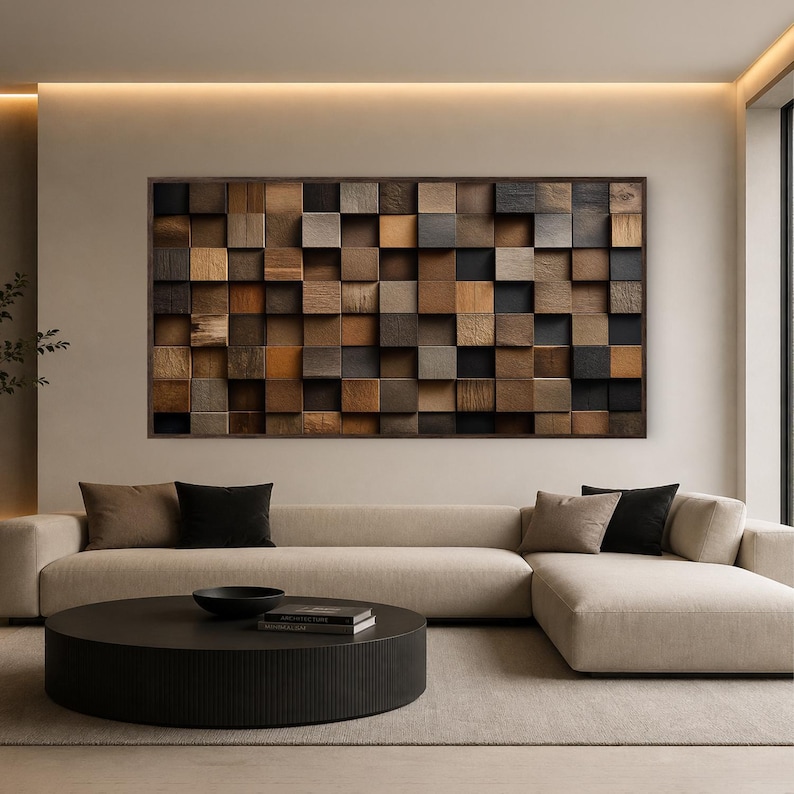 The same wood block artwork shown as a framed canvas with a slim dark border, set next to the unframed gallery-wrapped version so the two finishes can be compared.